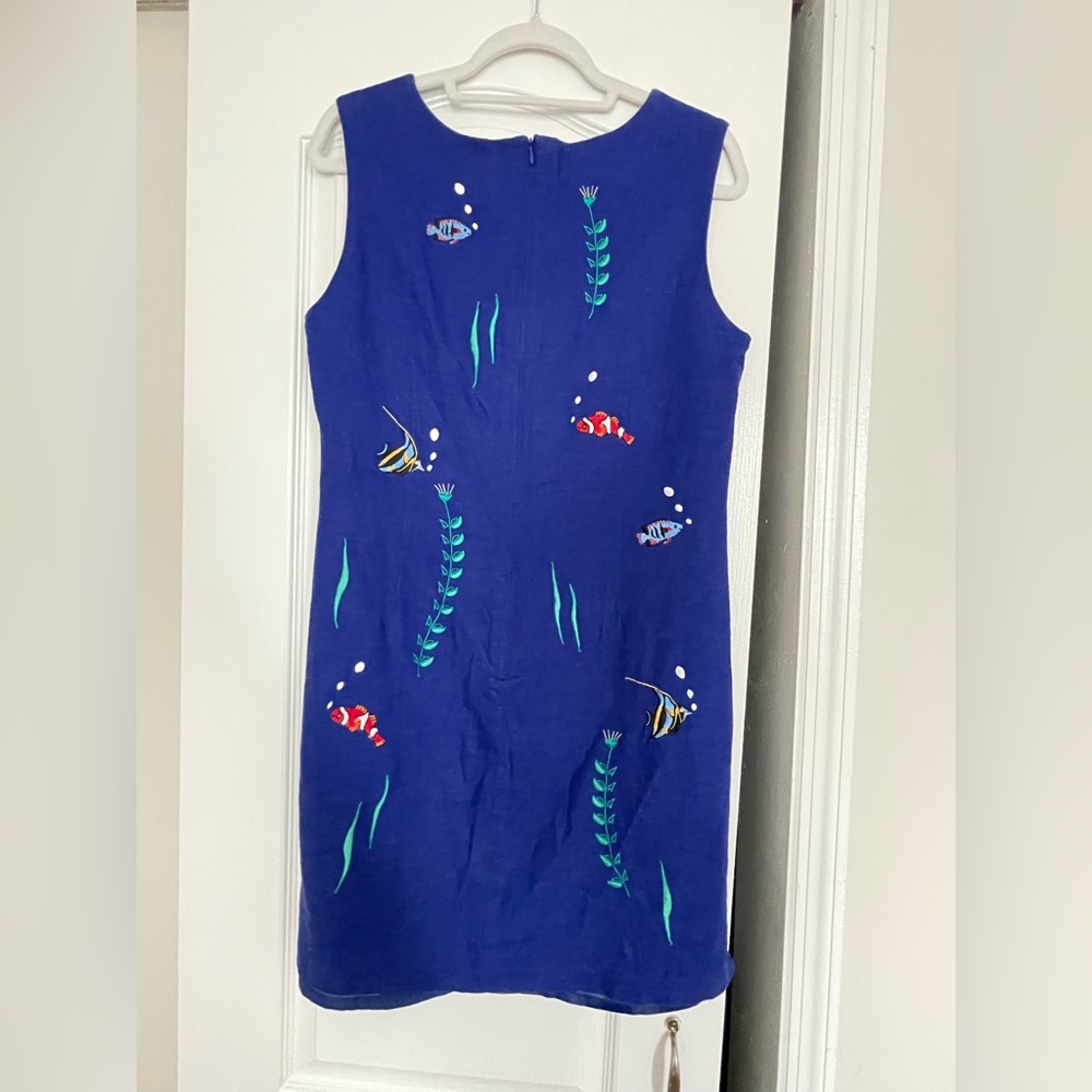Blue linen fish aquarium vintage dress